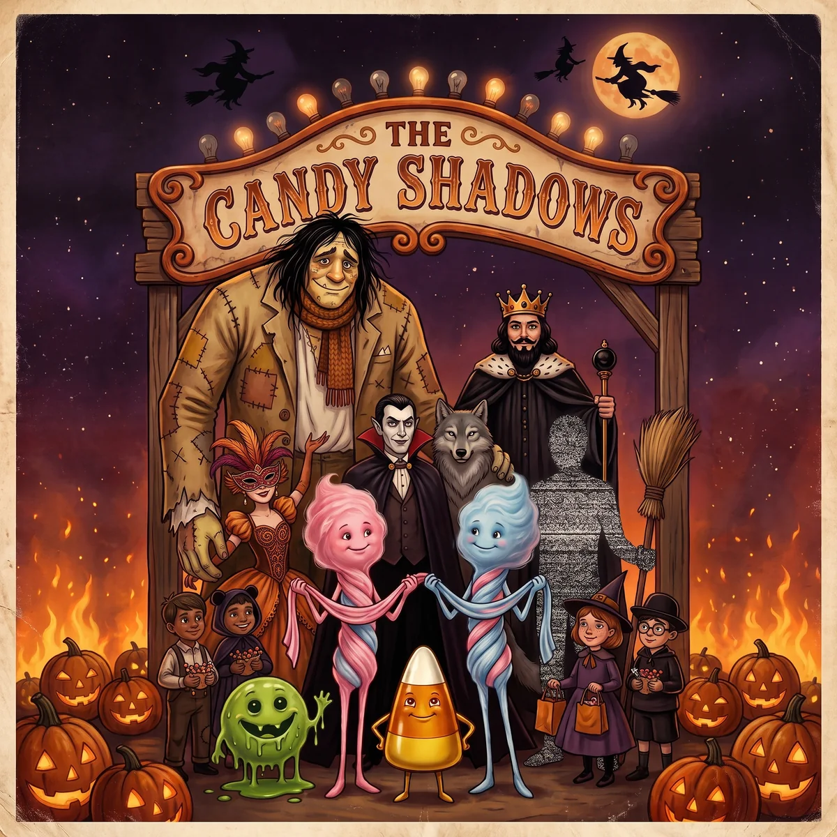 The Candy Shadows album cover: a carnival arch at night with the whole cast gathered under it.