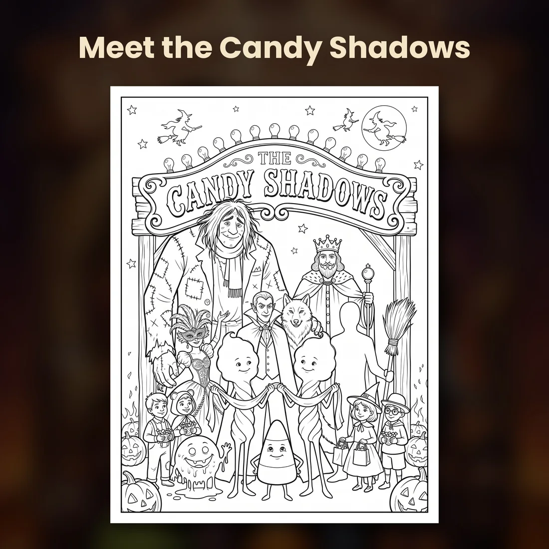 A colouring page from the book: the whole cast under the carnival arch, in line art ready to colour.